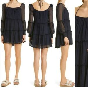 Cinq à Sept Zina Chiffon Halter Sheer Ruffle Tiered Mini Dress Dark Navy Size 10